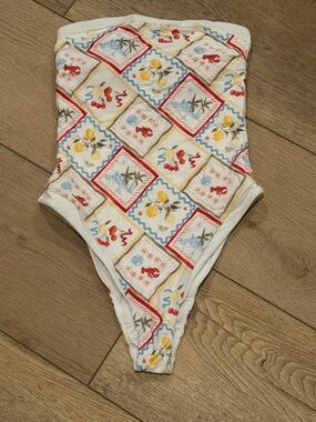 Abercrombie & Fitch White One-Piece Swim with Red, Yellow, Blue & Tan Print